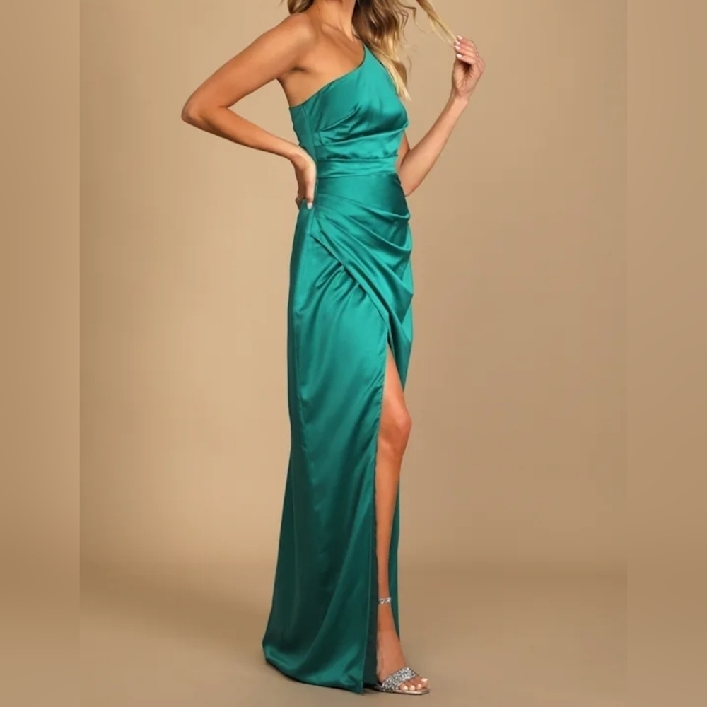 Lulus Dreaming of Elegance Dark Teal Satin One-Shoulder Maxi Dress, Size XL